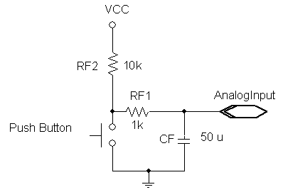 Lab 6 circuit: (by Dr. Welch) RC lowpass filter connected to analog input. A button is used to discharge the capacitor